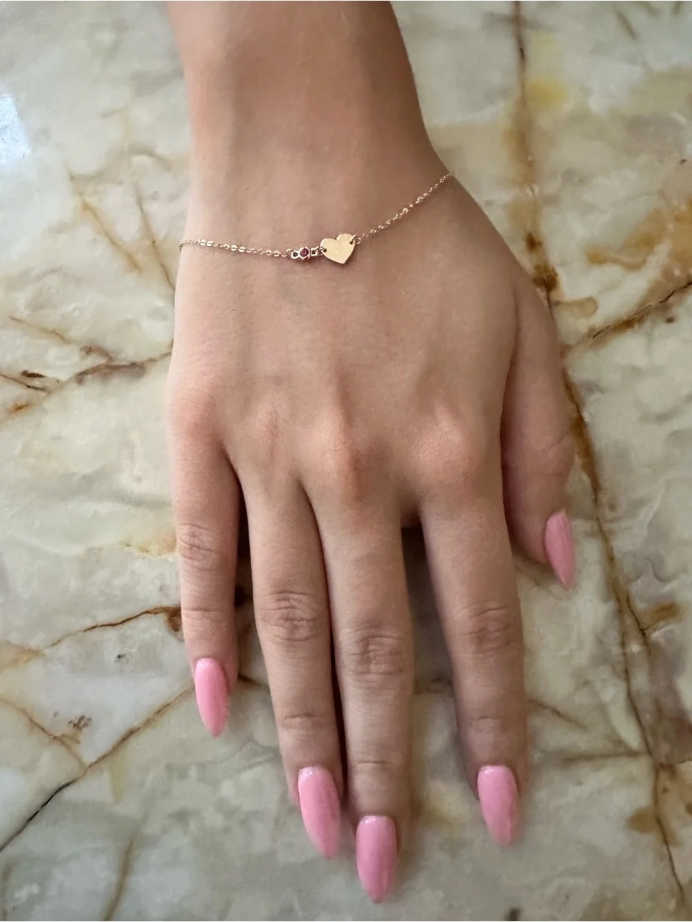 Delicate 14k real solid Gold Heart Bracelet with Ruby  Gem
